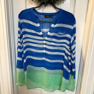 APT 9 Sheer Blue, White and Lime Green 3/4 Sleeved Blouse-Size Large